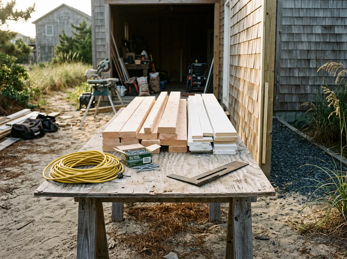 Environmental view of tools and materials arranged for a maintenance and remodeling job. No people are shown in this photo.