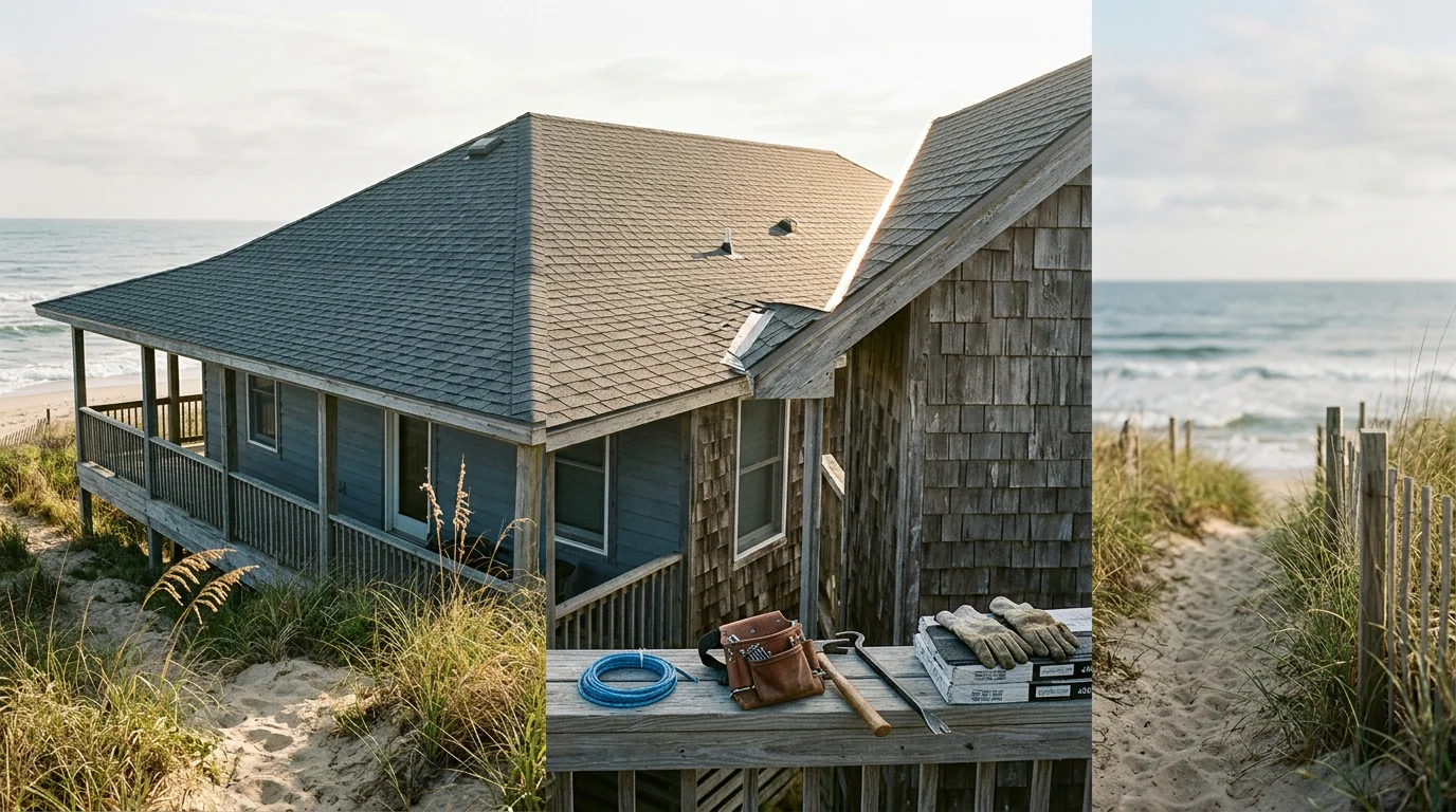 Roofing work on a home on Hatteras Island