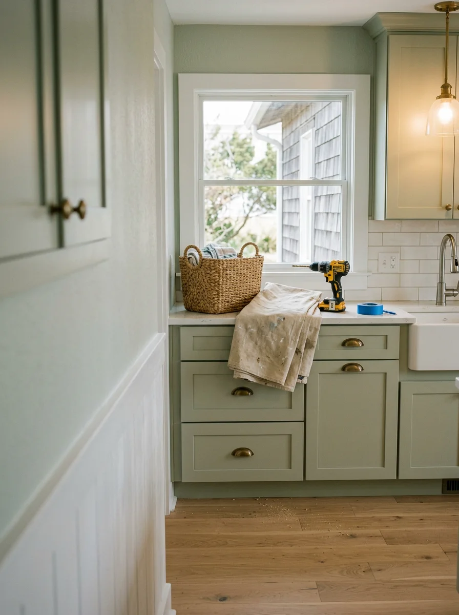 Close-up of a remodeled kitchen interior inside an Avon, NC beach cottage, showing new flooring and updated cabinetry.