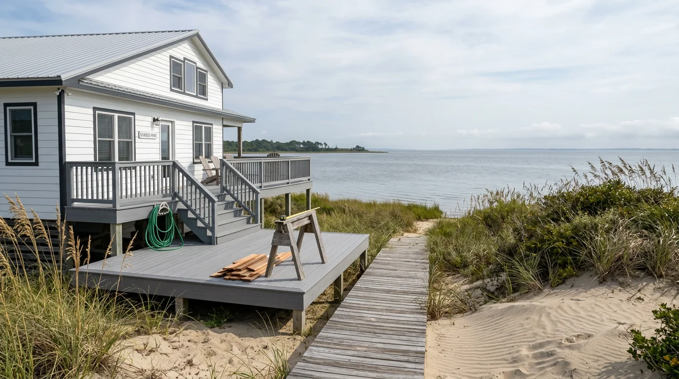 A two-story vacation rental home in Avon, NC with a freshly painted exterior and new composite deck facing the Pamlico Sound.