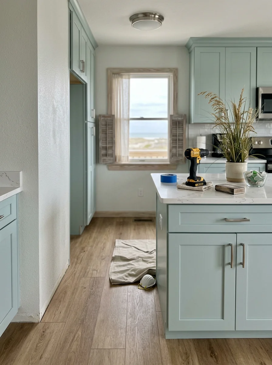 Remodeled kitchen interior in a Hatteras Island, NC rental home with new flooring, updated cabinetry, and fresh interior paint.