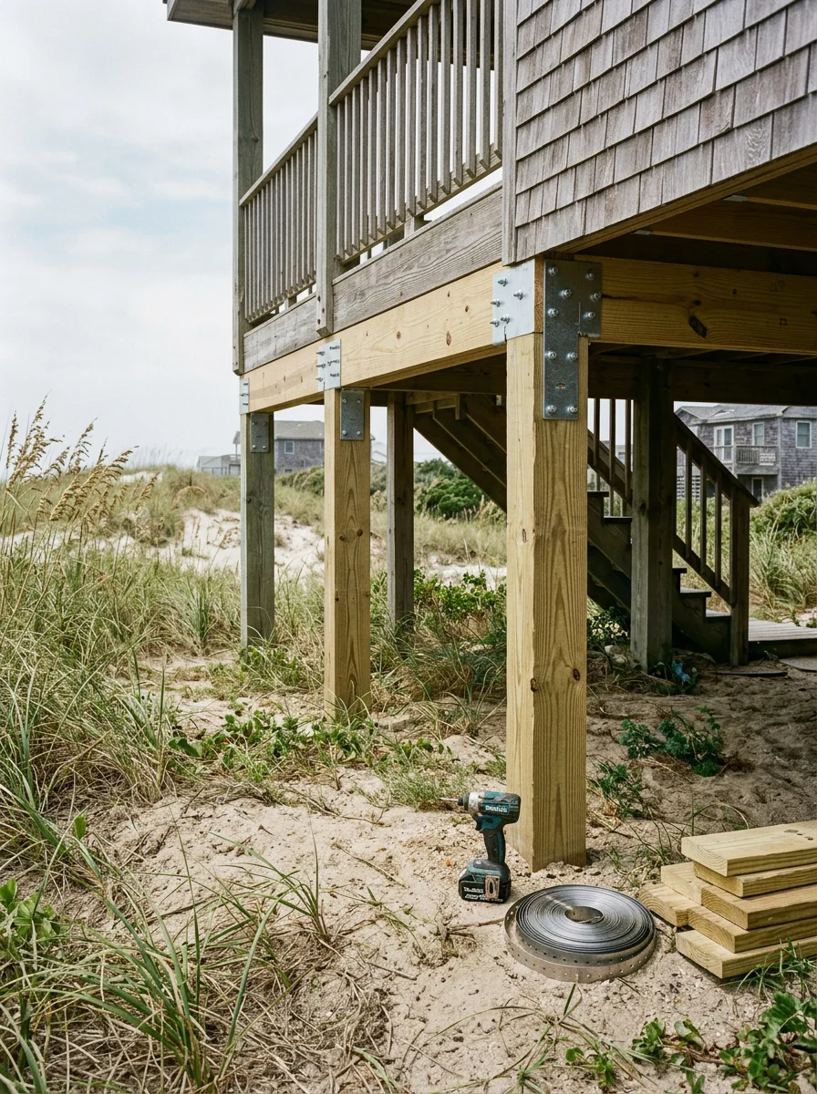 Exterior structural repair work on the piling connections and subfloor framing of a Hatteras Village, NC coastal home after storm damage.