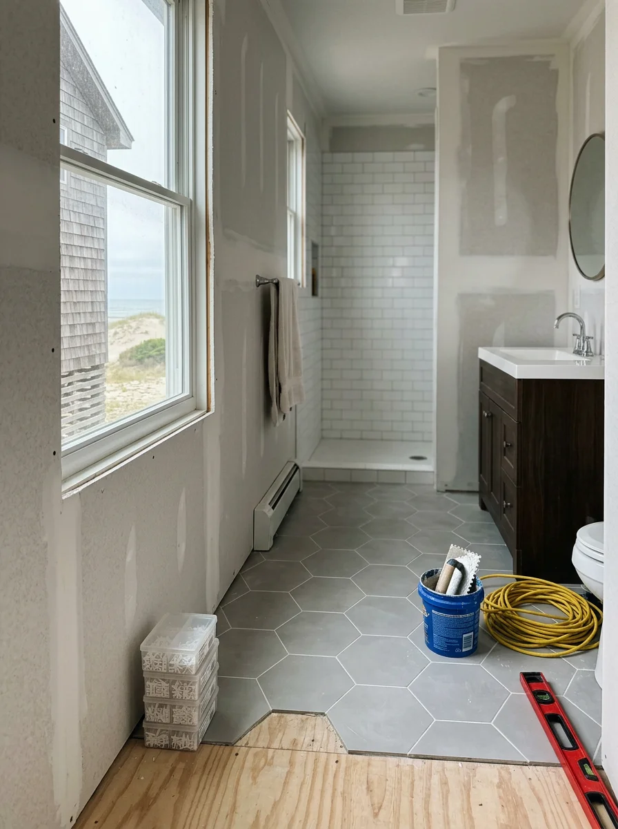 Bathroom remodel in progress inside a Rodanthe, NC beach rental home, with new moisture-resistant drywall and updated tile work visible.