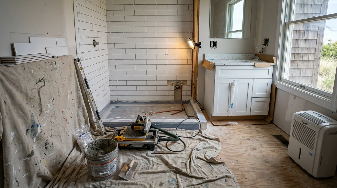 Completed bathroom remodel in an Avon, NC coastal home showing a walk-in tile shower with a glass door and updated vanity. The renovation replaced an older tub and outdated fixtures with a clean, moisture-resistant layout suited to Hatteras Island conditions.