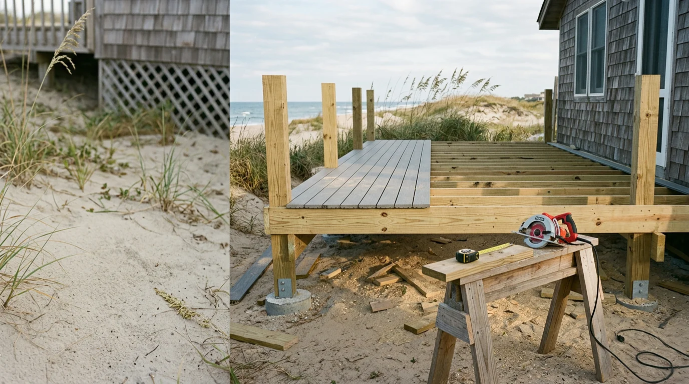 A newly constructed elevated deck on a coastal home in Avon, NC, featuring composite decking boards and railing systems with Hatteras Island's wide beach visible in the background. The deck structure shows finished framing, secure footings, and corrosion-resistant hardware suited for the salt-air environment.