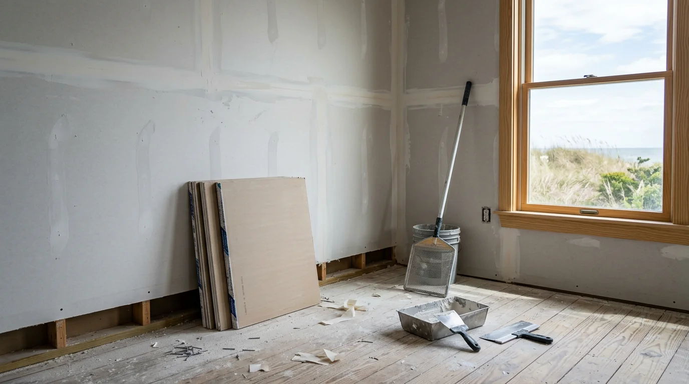 Freshly installed and finished drywall panels on the interior walls of a residential remodel in Avon, North Carolina, with smooth taped seams ready for paint. The room shows clean ceiling lines and flat wall surfaces typical of a Hatteras Island home renovation.