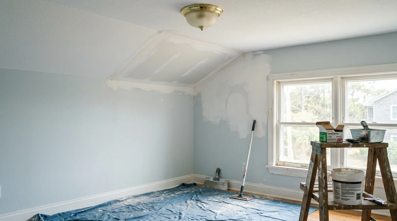 A freshly patched and skim-coated interior wall in an Avon, NC coastal home, with smooth joint compound blended into the surrounding drywall surface ready for paint. The repair covers a water-damaged section near the ceiling line, showing the finished patch before texture matching.