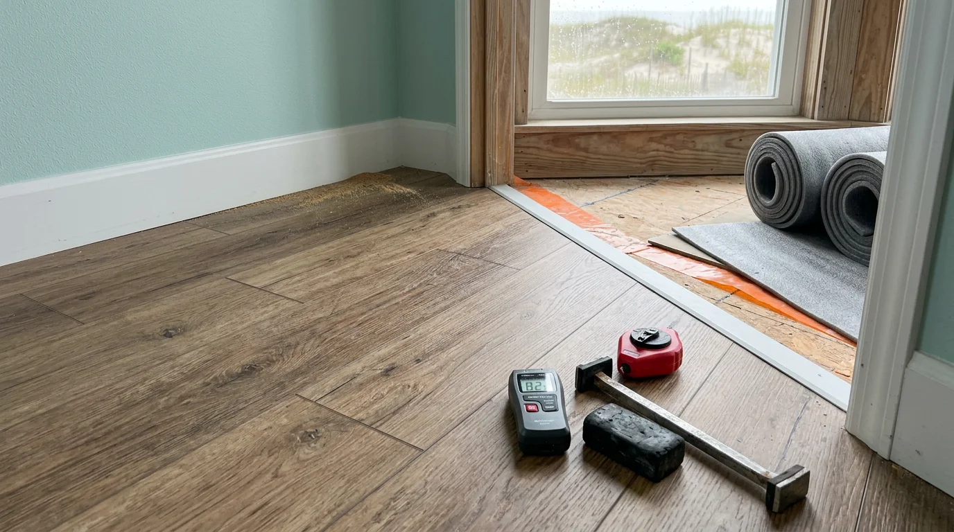 Newly installed luxury vinyl plank flooring in a Hatteras Island vacation home, showing clean plank rows, finished transition strips at the doorway, and a bright coastal interior.