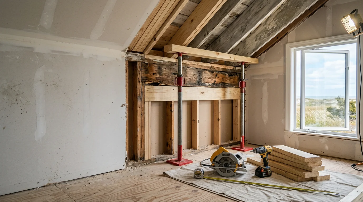 Interior structural framing repair in progress inside a residential home in Avon, showing exposed ceiling joists and replacement wood framing members being installed.