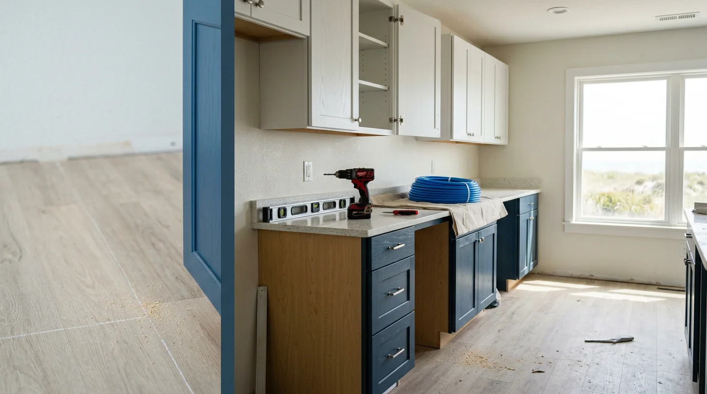 Remodeled kitchen interior in an Avon, NC home on Hatteras Island, showing new cabinetry, countertops, and updated flooring suited to a coastal property. The finished space reflects a clean, functional layout with materials chosen for the island's humid environment.
