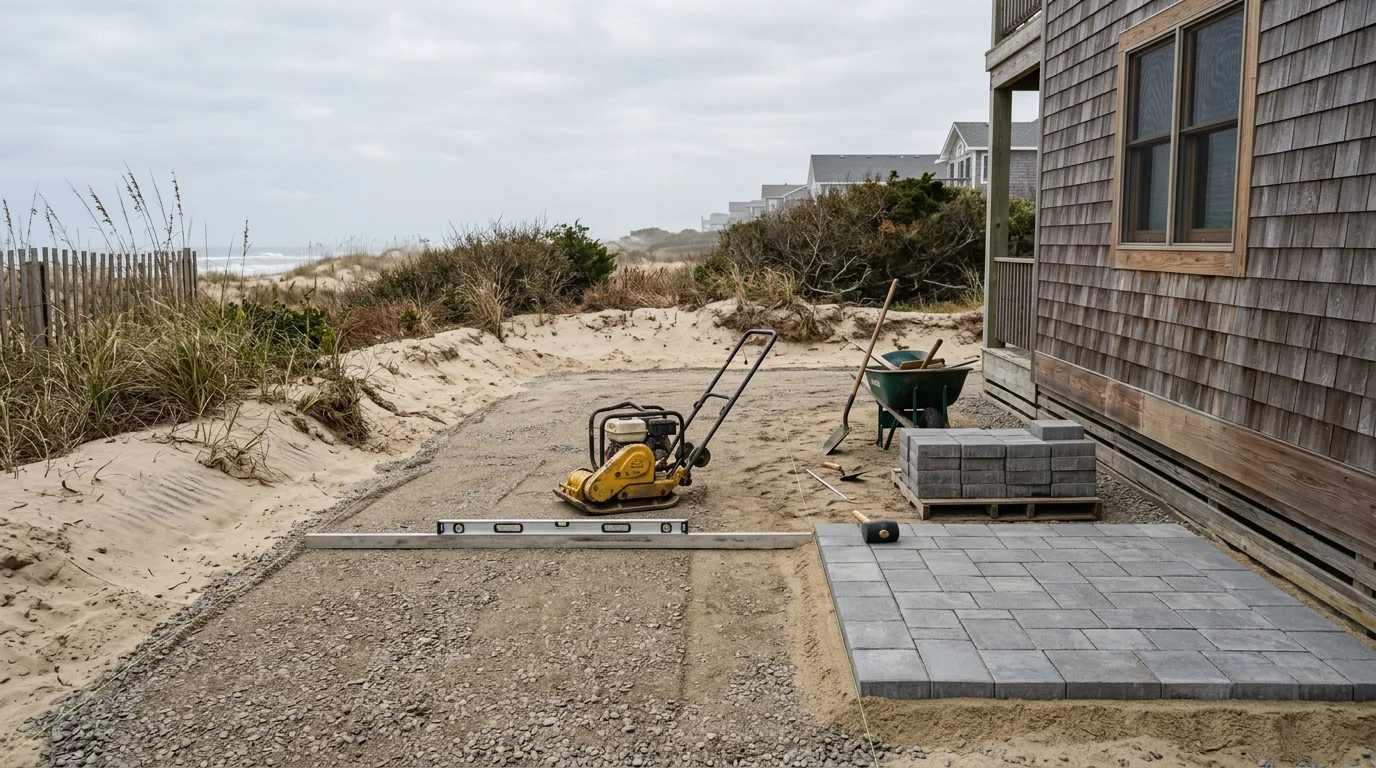 Finished interlocking paver patio installed at a coastal home in Avon, North Carolina, with a clean drainage slope away from the structure and open views toward the sound. Ground-level hardscape surface on sandy Hatteras Island soil, ready for outdoor seating.