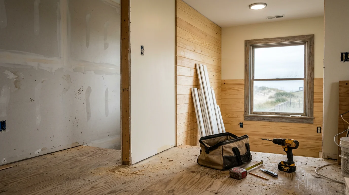 Freshly remodeled interior living space inside a coastal home in Avon, North Carolina, showing updated walls and flooring suited to a Hatteras Island property.