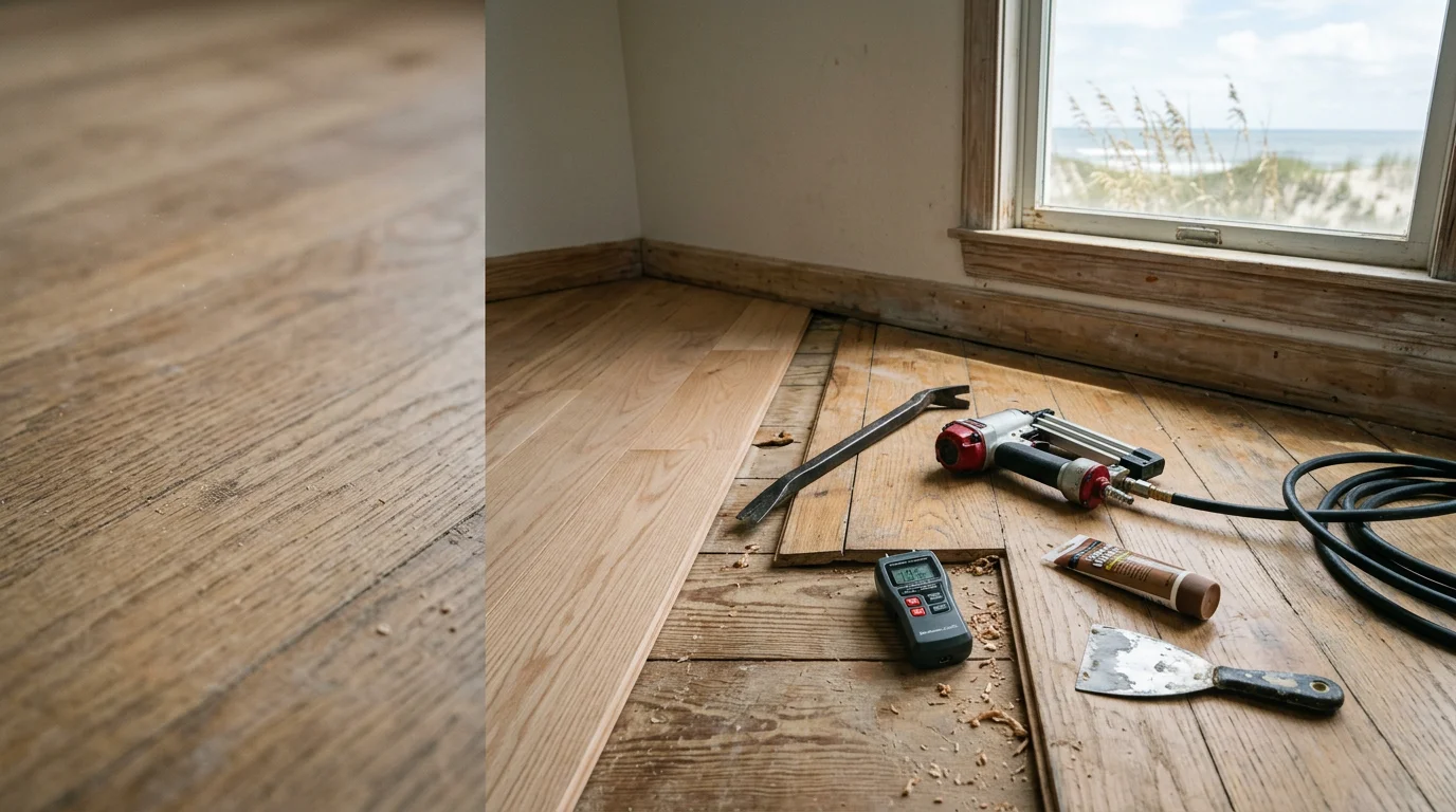 Repaired hardwood floor planks in a Hatteras Island vacation rental home, showing a seamless patch where water-damaged boards were replaced. Close-up view of the finished surface blending with the surrounding floor in a coastal property interior.