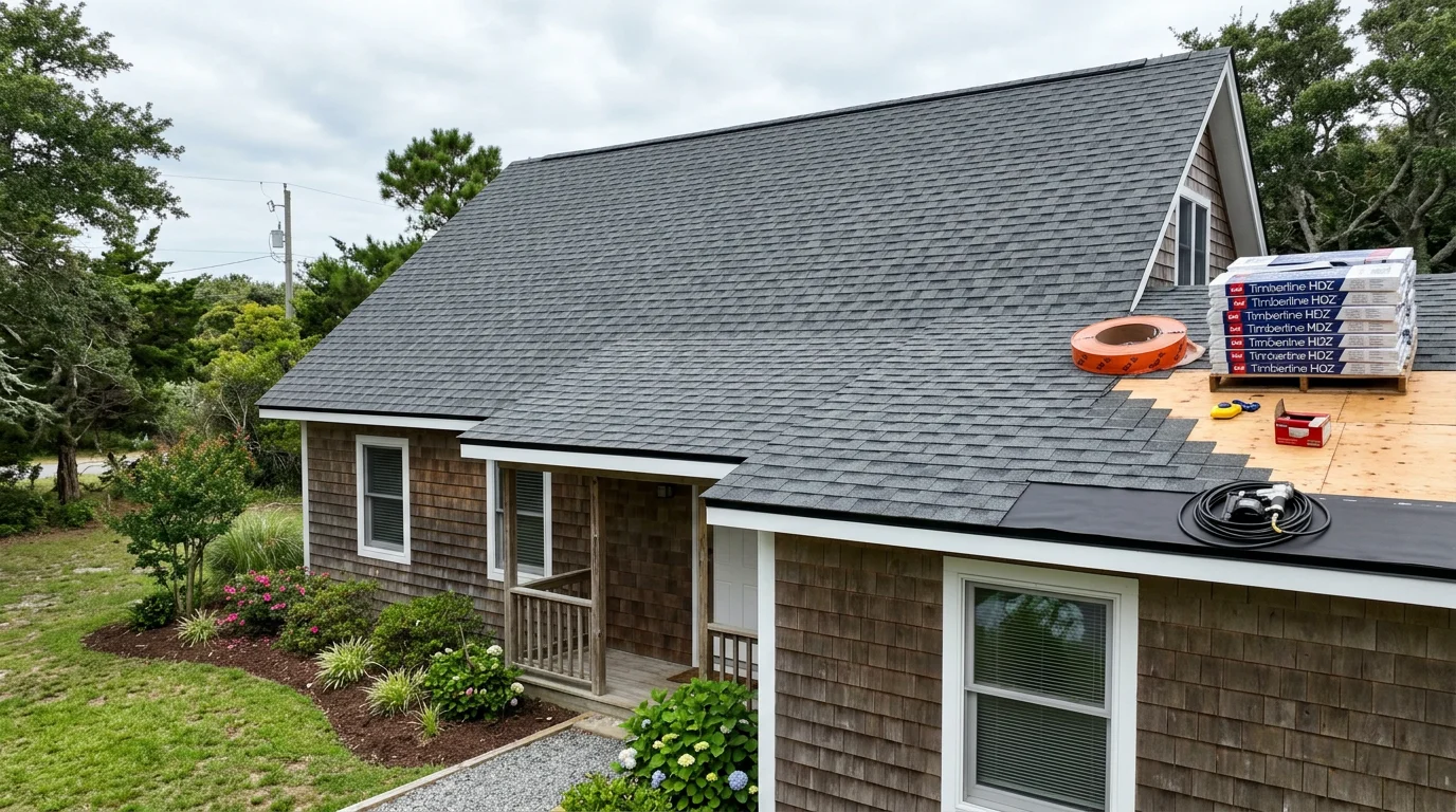 A completed new roof installation on a residential home in Avon, CT, showing architectural asphalt shingles with ridge venting visible along the peak. The Farmington Valley landscape is visible in the background.