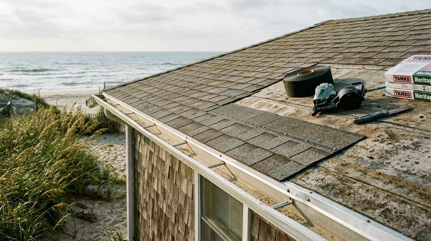 A repaired roof on a coastal residential property in Avon, North Carolina, showing replaced shingles and sealed flashing along the roofline after storm damage. The Hatteras Island landscape is visible in the background.